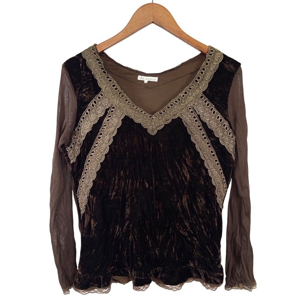 Vintage Womens Y2K Crushed Velvet Mesh Top M Brown Earthy Fairycore Whimsigoth